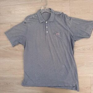 B. Draddy Men's Large Pima Cotton Striped Polo Shirt Navy White Pink Script